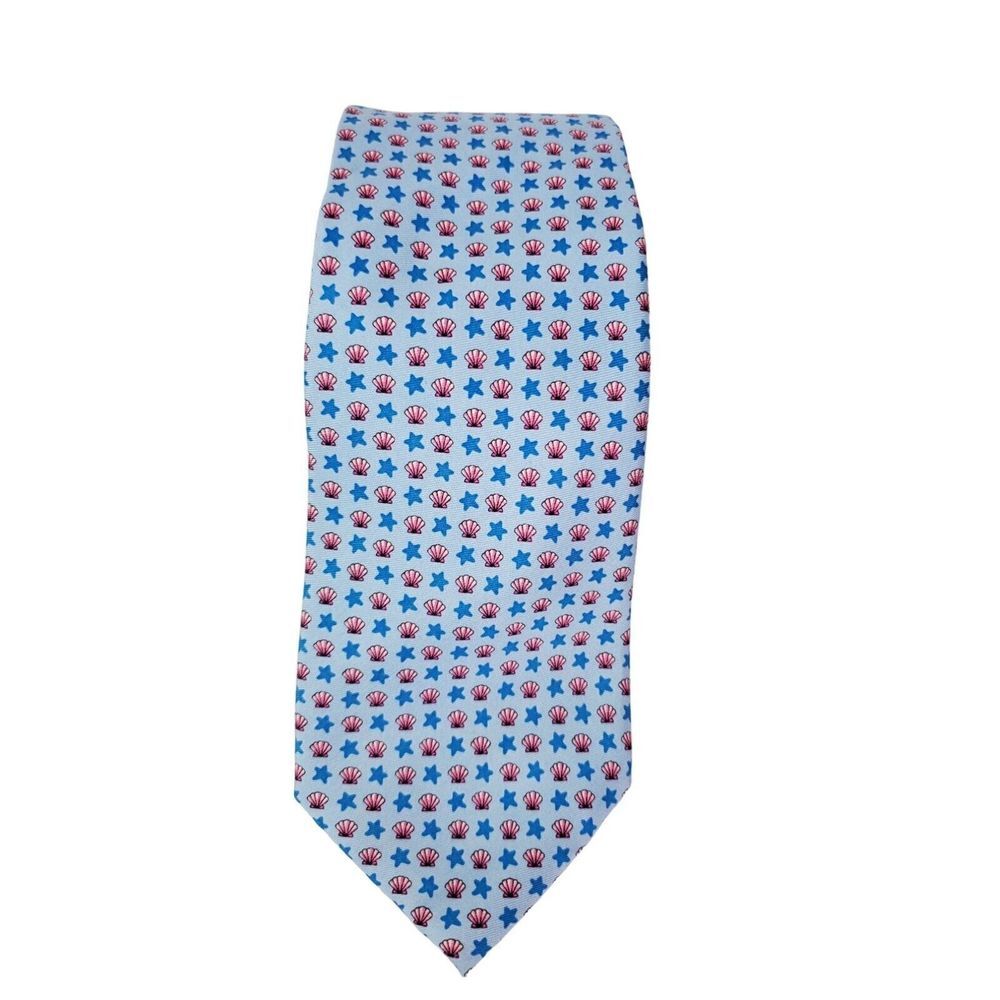 Tommy Hilfiger Mens Silk Necktie Blue Novelty Print Stars & Seashells